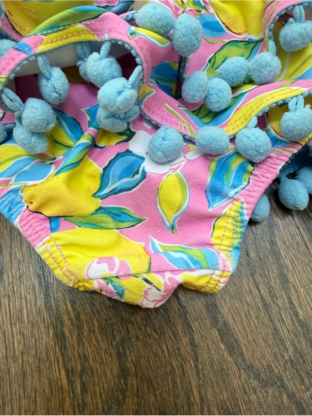 Cheeky Plum Girls Pom-Pom Floral Two-Piece Swim Set in Pink, Yellow & Blue